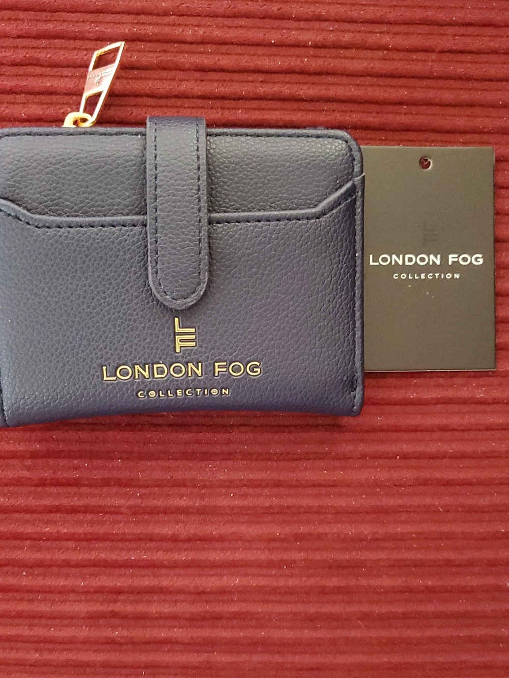 London Fog Gianna Navy Leather Compact Card & Key Holder w/ Gold Hardware NEW